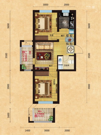 格林喜鹊花园D户型-2室2厅1卫1厨建筑面积64.00平米
