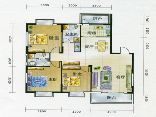 艺海苑E1户型-3室2厅2卫1厨建筑面积130.38平米