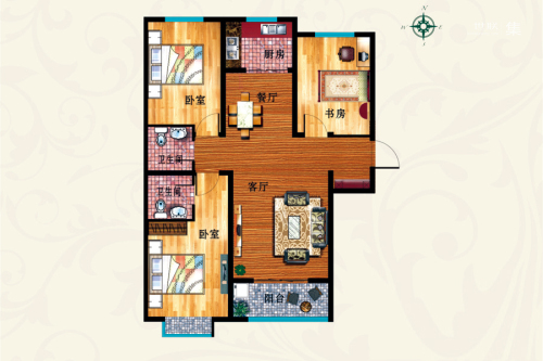 华普城3区标准层C户型-3室2厅2卫1厨建筑面积119.95平米