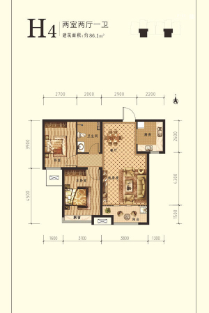 想象国际南13#标准层H4户型-2室2厅1卫1厨建筑面积86.10平米