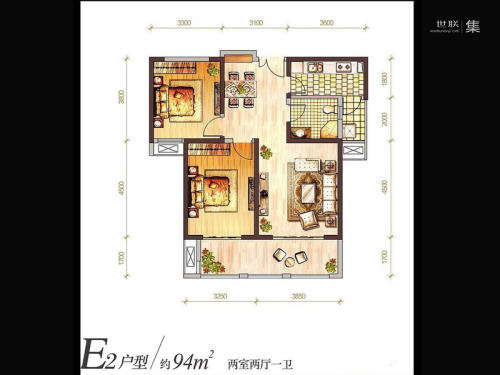 曲江·华著中城E2户型-2室2厅1卫1厨建筑面积94.00平米