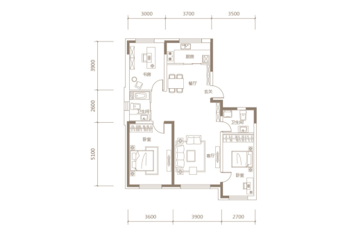 保合垄上公元B1、B7、B9#逸居户型图-3室2厅2卫1厨建筑面积132.00平米