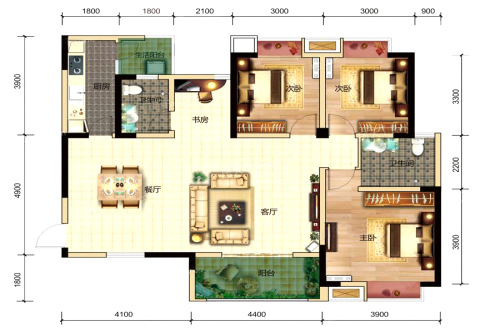 汇景新城5#标准层I户型-3室2厅2卫1厨建筑面积128.10平米