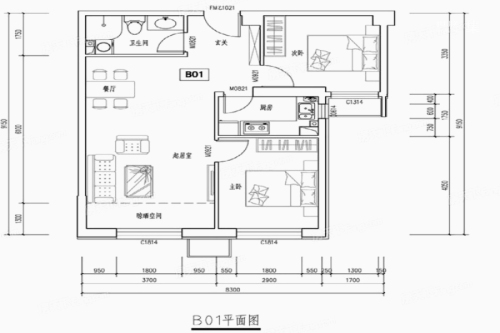 首开保利锦都家园B01户型-B01户型-2室2厅1卫1厨建筑面积88.00平米