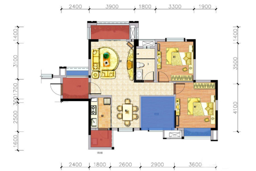 剑桥小镇三期5#、8#标准层D-3户型-3室2厅1卫1厨建筑面积89.90平米