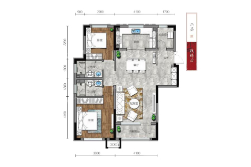 保利观唐116㎡户型改造后-116㎡户型改造后-3室2厅2卫1厨建筑面积116.00平米