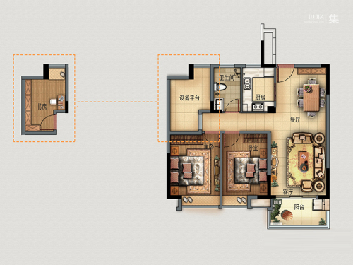 富春硅谷麓园高层住宅平面-中间套02户型--2-3室2厅1卫1厨建筑面积86.00平米