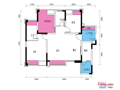 东城国际一期2、3栋标准层C1户型-2室2厅2卫1厨建筑面积96.82平米