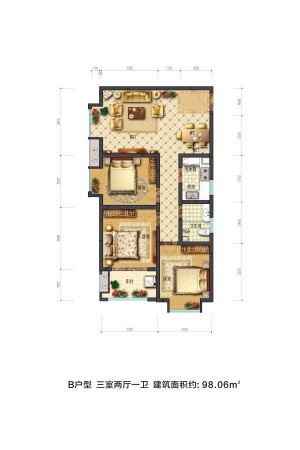 摩卡思想家B户型-3室2厅1卫1厨建筑面积98.06平米