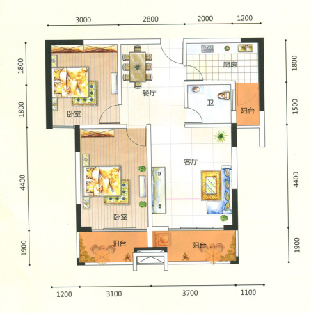 领秀一方一期K户型-2室2厅1卫1厨建筑面积81.41平米