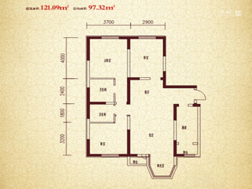 珠江新城二期F户型-3室2厅2卫1厨建筑面积121.09平米