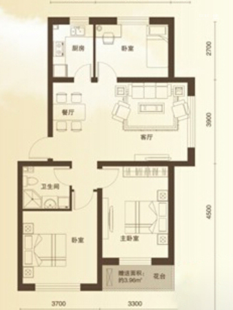 假日名居H1户型-2室2厅1卫1厨建筑面积88.02平米
