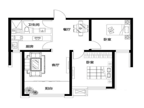 恒盛豪庭嘉境组团F2户型-2室2厅1卫1厨建筑面积91.00平米
