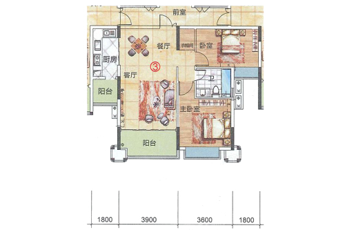 蓝天金地2室2厅1卫1厨建筑面积90.80平米