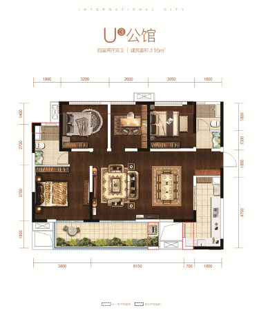 万科第五城U3公馆建面116㎡户型-4室2厅2卫1厨建筑面积116.00平米