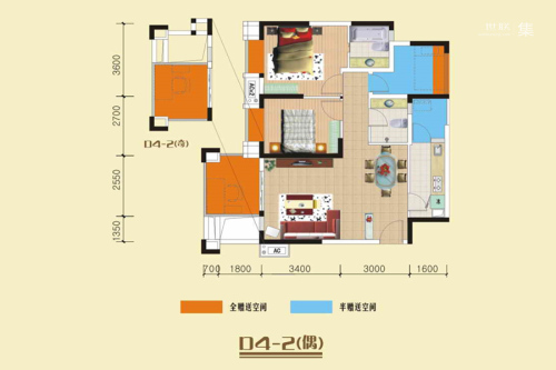 美洲花园棕榈湾119#D4-2户型-2室2厅2卫1厨建筑面积88.00平米