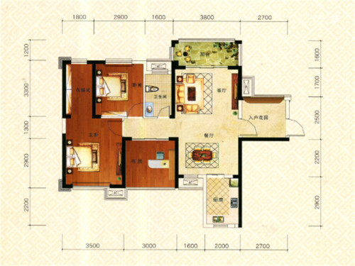 圣景龙湾二期5#01、02户型-3室2厅1卫1厨建筑面积88.65平米