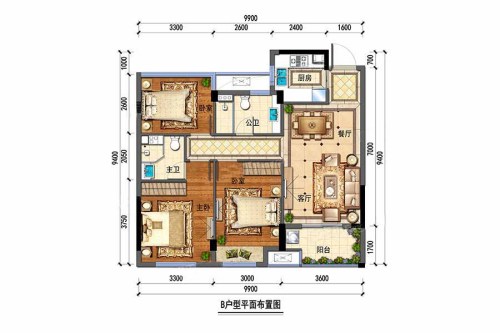 佳源优优锦城B户型-3室2厅2卫1厨建筑面积89.00平米