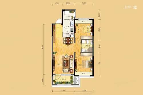 华润二十四城三期高层B1户型-2室2厅1卫1厨建筑面积83.00平米