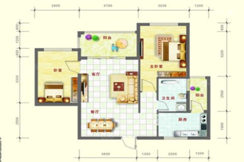 中泰名园4-02户型-2室2厅1卫1厨建筑面积73.87平米
