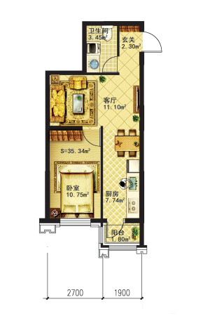 好人家10号楼使用面积35.34平米-1室1厅1卫1厨建筑面积56.54平米