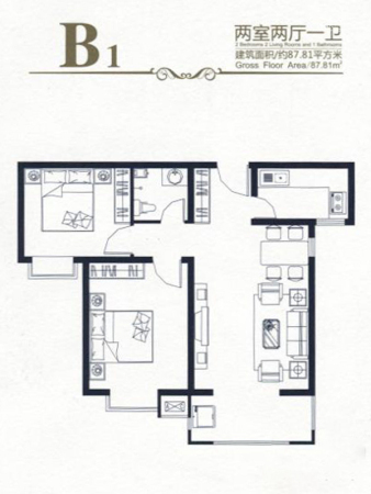 高新香江岸1#-6#B1户型-1#-6#B1户型-2室2厅1卫1厨建筑面积87.81平米
