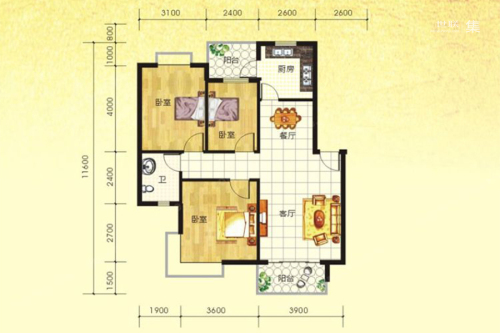 大山现代城11号楼01、02户型-3室2厅1卫1厨建筑面积87.92平米