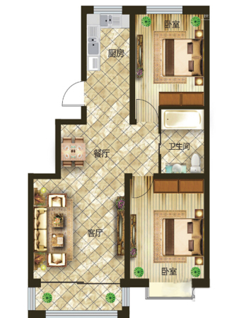 吉森漫桦林一期高层C户型-2室2厅1卫1厨建筑面积90.00平米