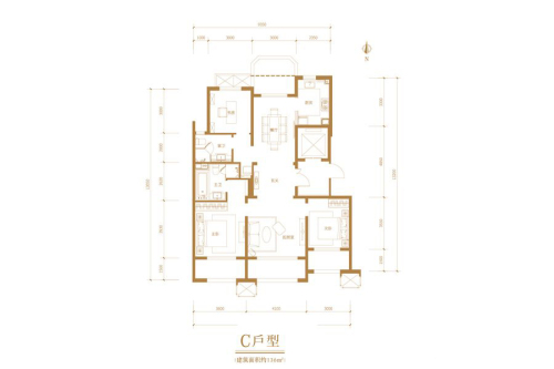 首开华润城C户型-3室2厅2卫1厨建筑面积136.00平米