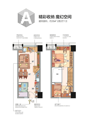 碧桂园·云空间A户型-2室2厅1卫1厨建筑面积38.00平米