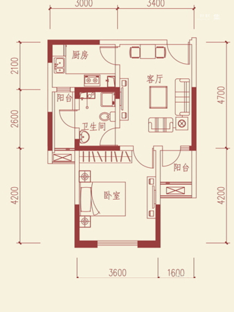鲁班·尚品A2户型-1室2厅1卫1厨建筑面积58.39平米
