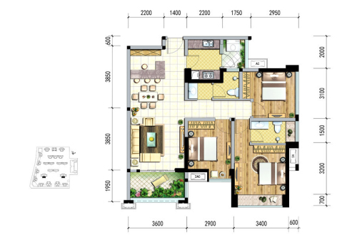 绿岛筑11、12号楼H3户型标准层-3室2厅2卫1厨建筑面积97.23平米