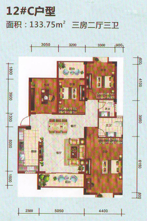 百丰花园12#C户型-3室2厅3卫1厨建筑面积133.75平米