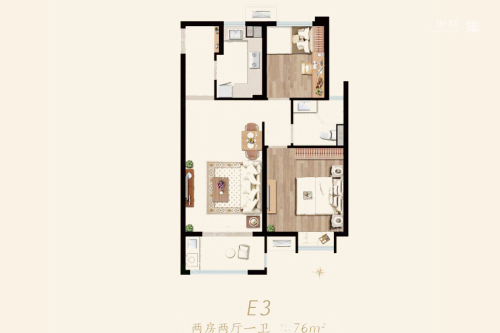 中海桃源里项目3#E3户型-2室2厅1卫1厨建筑面积76.00平米
