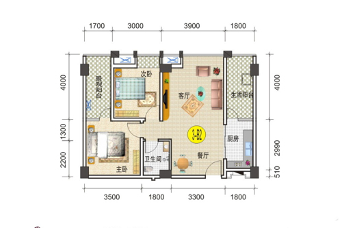 凯润嘉园13-B2户型-2室2厅1卫1厨建筑面积90.14平米