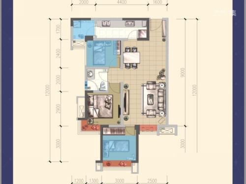 威兰德小镇一期标准层B3户型-3室2厅1卫1厨建筑面积79.10平米