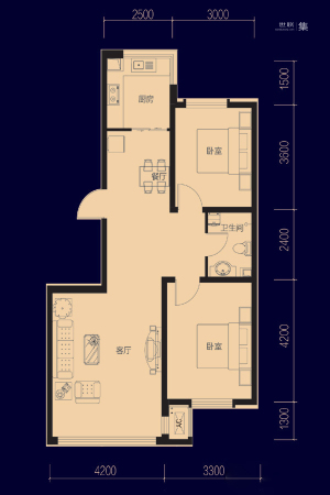 鑫丰·雍景豪城二期高层D户型-2室2厅1卫1厨建筑面积95.00平米