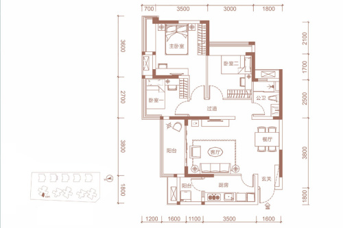 海伦印象一期1号楼C3-1户型-3室2厅1卫1厨建筑面积93.00平米