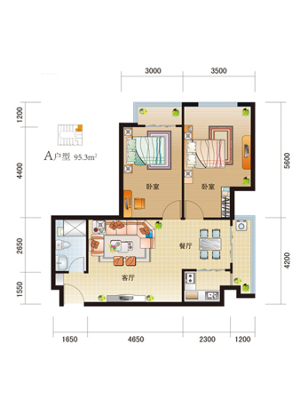 尚峰汇标准层A户型-2室2厅1卫1厨建筑面积95.30平米