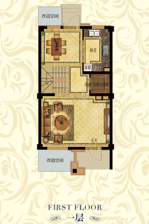 禹洲东滩雍禧2室3厅1厨2卫B户型一层-3室2厅2卫1厨建筑面积116.00平米