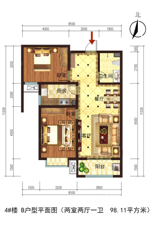丽阳小区4#B户型-2室2厅1卫1厨建筑面积98.11平米