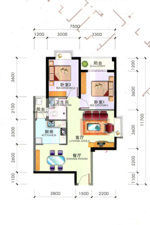中环国际大厦A户型-2室2厅1卫1厨建筑面积76.64平米
