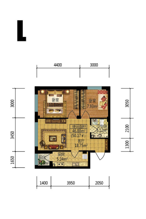 梧桐郡L户型-2室1厅1卫1厨建筑面积64.92平米