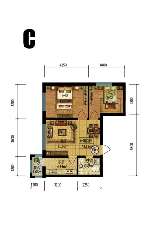 梧桐郡C户型-2室1厅1卫1厨建筑面积70.38平米