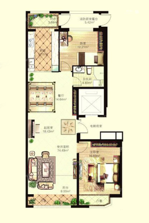 宝宇天邑澜湾C-1+户型-2室2厅1卫1厨建筑面积120.23平米