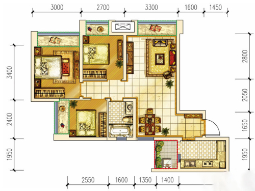 首创花与城一期1-5号楼标准层F户型-3室2厅1卫1厨建筑面积77.00平米