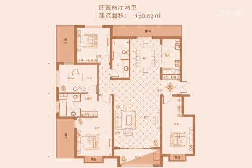鹿城一号5#标准层A户型-4室2厅2卫1厨建筑面积189.63平米