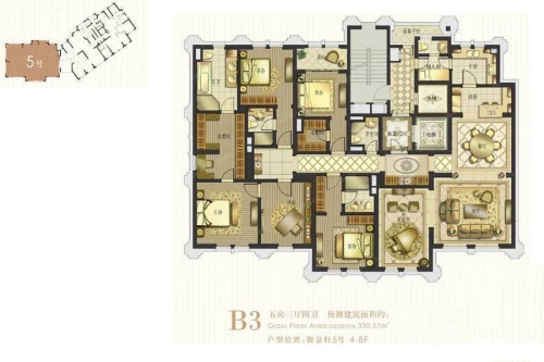 露香园B3户型-5室3厅4卫1厨建筑面积330.00平米