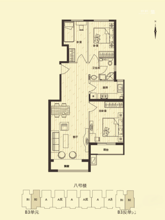 花雨汀B2户型-3室2厅1卫1厨建筑面积99.64平米