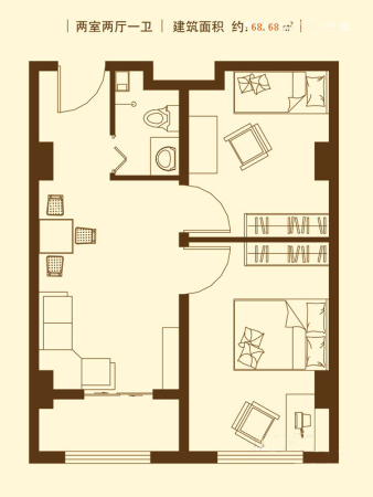 汇丰大厦标准层A户型-2室2厅1卫0厨建筑面积68.68平米